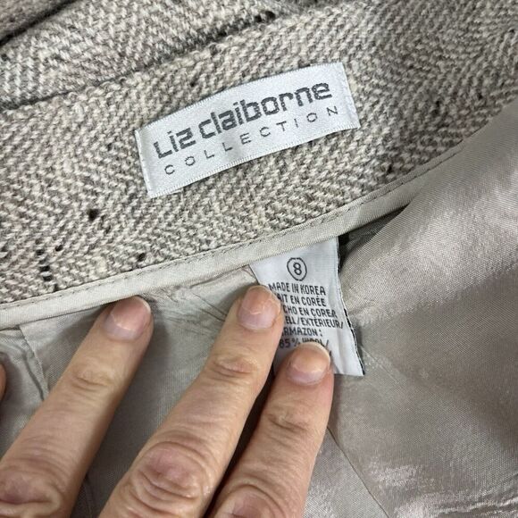 Vintage Liz Claiborne Skirt sz 8 Tan Khaki Wool Tweed Wrap Blanket Fringe Pencil - Picture 11 of 11